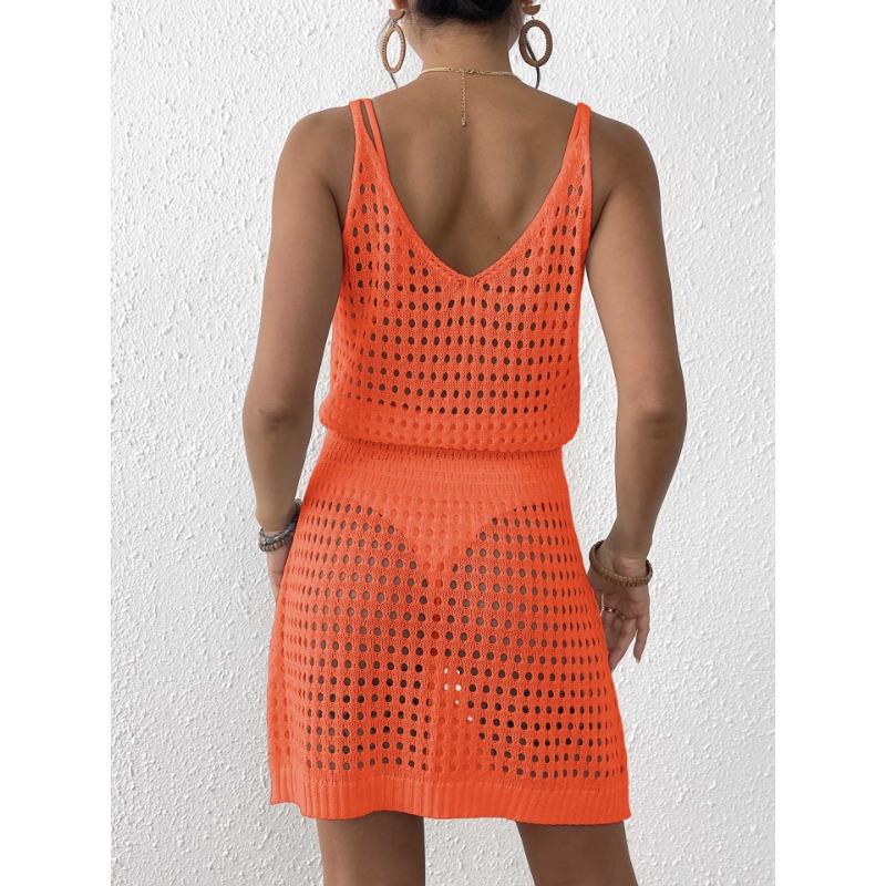 Rochie Sexy Tricotată Transparentă cu Bretele pentru Femei, Talie Subțire, Decolteu în V, Decupată, de Vară, pentru Bikini, Exterior, Rochie Scurtă de Plajă, Largă, Casual, fără Mâneci