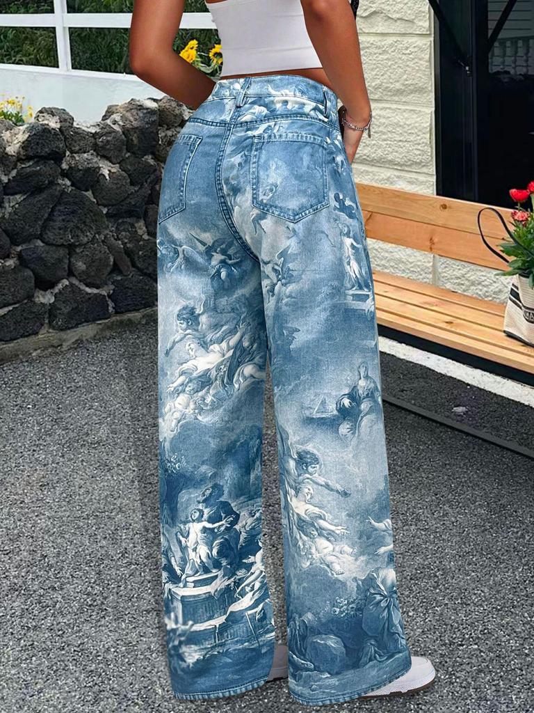 Retro Floral Wide-Leg Jeans for Women - Summer Mid-Waist Straight-Leg Design N021