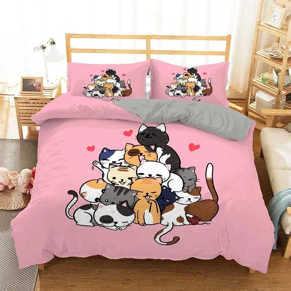 Zestaw pościeli z kreskówkowym kotem dla dzieci Kawaii Kitty poszewka na kołdrę kolorowa poszewka na kołdrę dla zwierząt domowych King Twin Queen poliestrowa poszewka na kołdrę