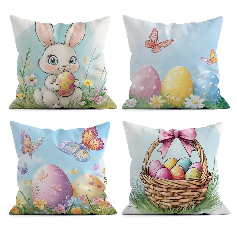 1Pc Easter Day Cushion Cover Spring Pattern Eggs Rabbit Pillow Cover Easter Pillowcase Home Decor Throw Pillow Case 45X45Cm
