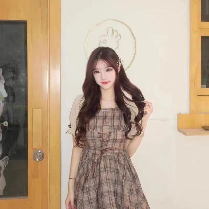 Women's Summer College Style Slimming Dress - Square Neck, High-Waisted, Small Fresh, Sweet Short Skirt