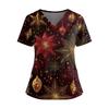 Women's Christmas Printed V-Neck Double Pocket Short Sleeves Hem Slit  Uniform Caregiver Top