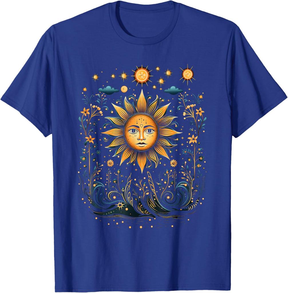 Mystic Celestial Sun Face Floral Graphic T-Shirt Casual Short Sleeve O-Neck Tee For Men