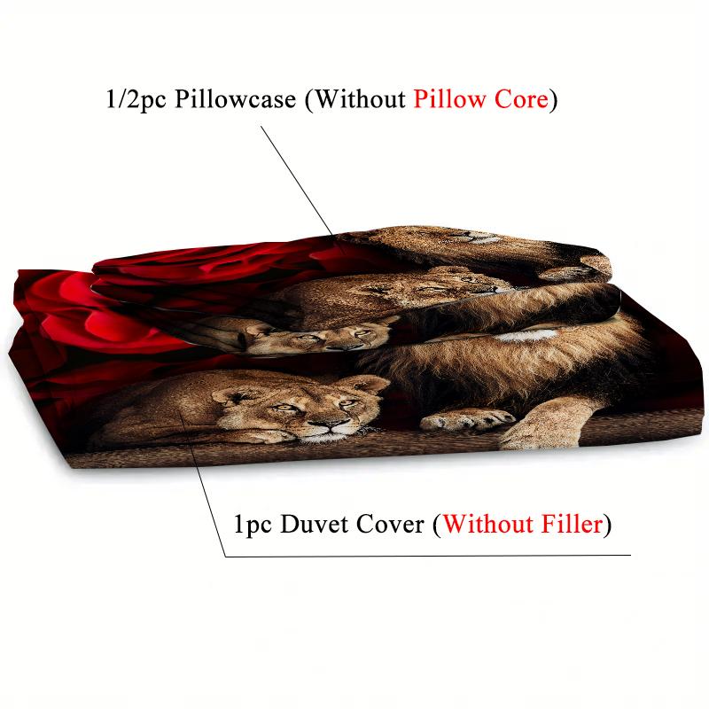 Red Rose Lions 3D Printed Quilt cover set pillowcase Lovely Wild Animals Bedding Set for Kids Teens Adults Wildlife Duvet cover