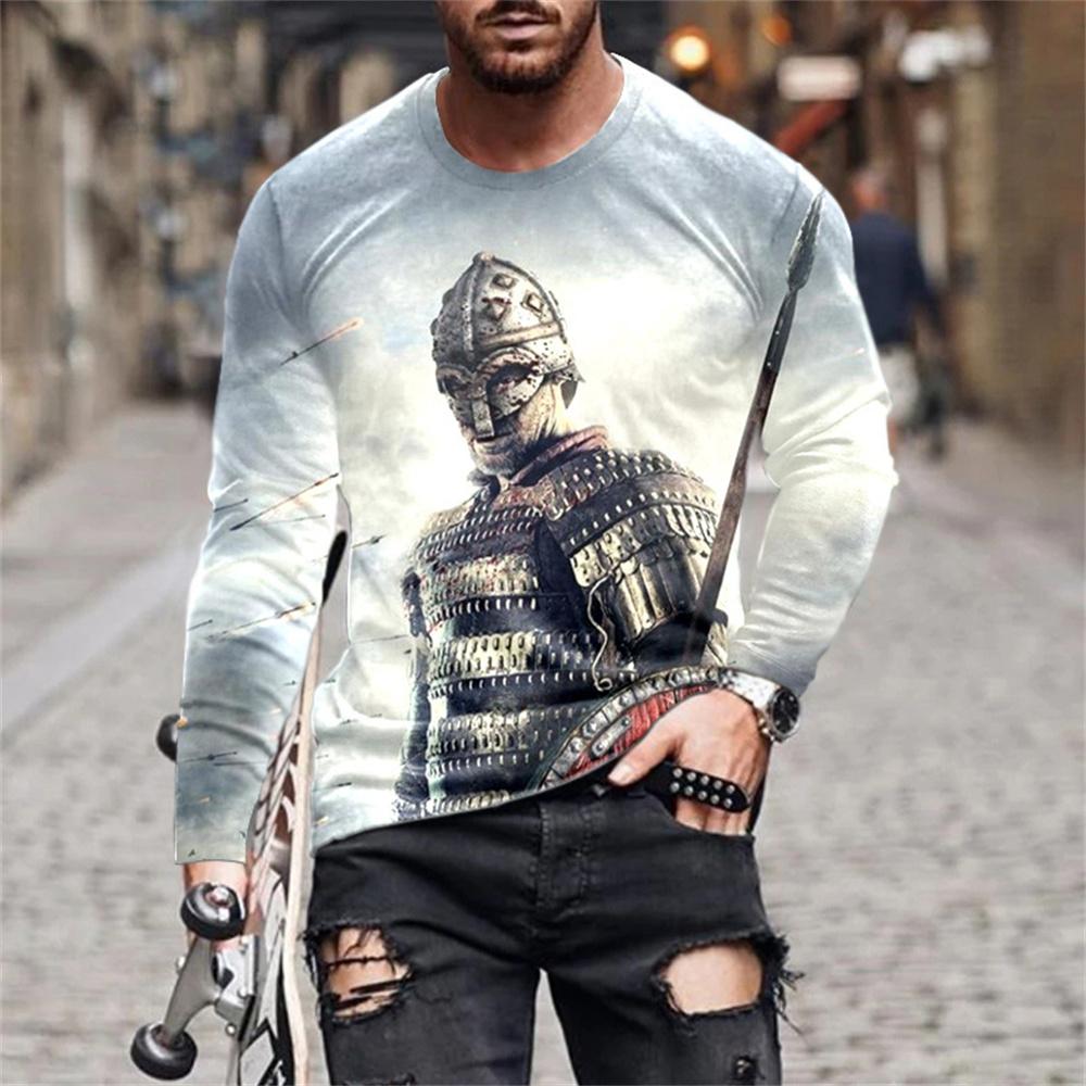 Vintage Men's T-shirt Templar Printed Long Sleeve Tops O-neck Men Clothing Oversized Casual Streetwear Autumn Black Tees