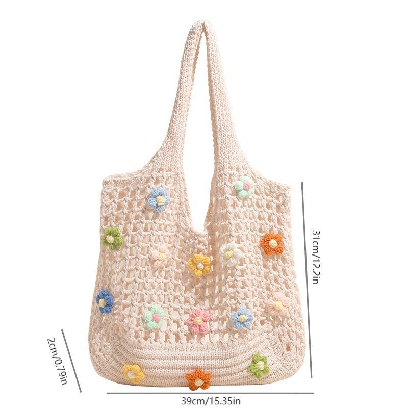 Harajuku Style Flower Hollow Knitted Shoulder Bag Large Capacity Crochet Bag Fresh Casual Beach Handbag For Women Gifts