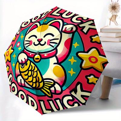 1pc Good Luck Cat Automatic Umbrella Auto Open/Close Folding Umbrella with 8 Rib Frame, 3 Fold Compact Umbrella for Men & Women, 83