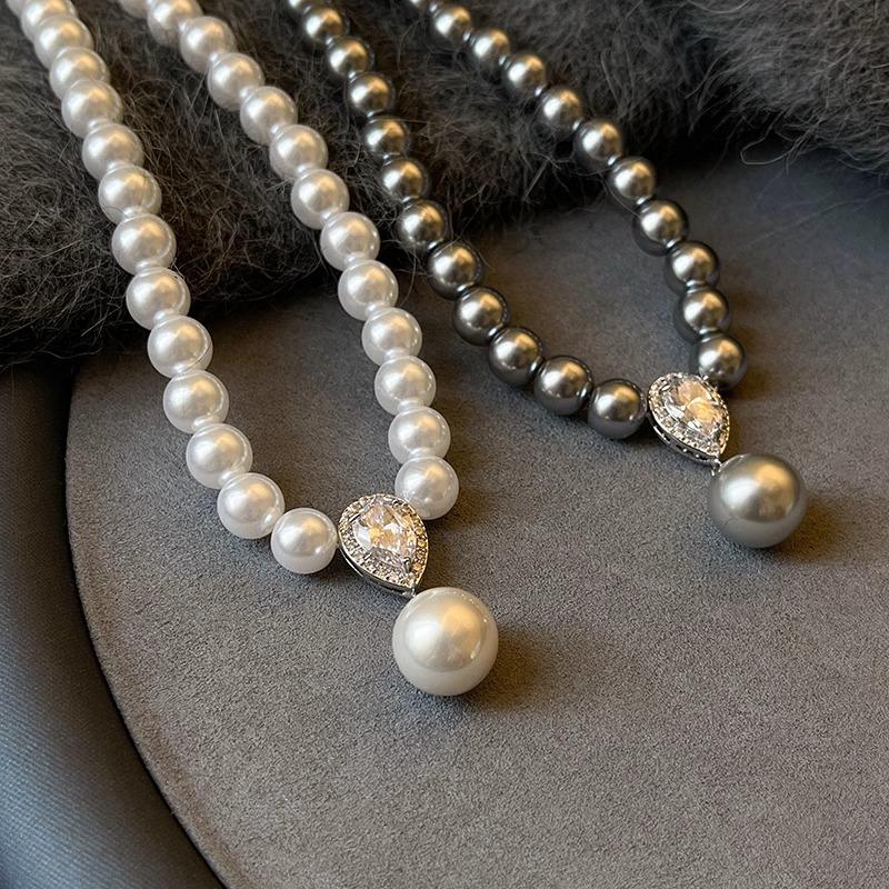 Copper Micro-Inlaid Zircon Water Drop Glass Pearl Necklace Autumn And Winter Sweater Chain Light Luxury Niche Design Clavicle Chain