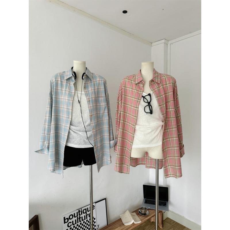 Women's American Retro Plaid Long-Sleeve Cotton-Linen Shirt Jacket
