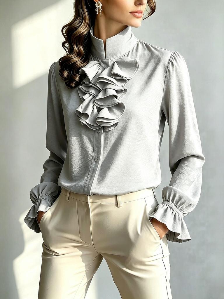 Dames 2025 Europese Stijl Ruches Opstaande Kraag Los Blouse