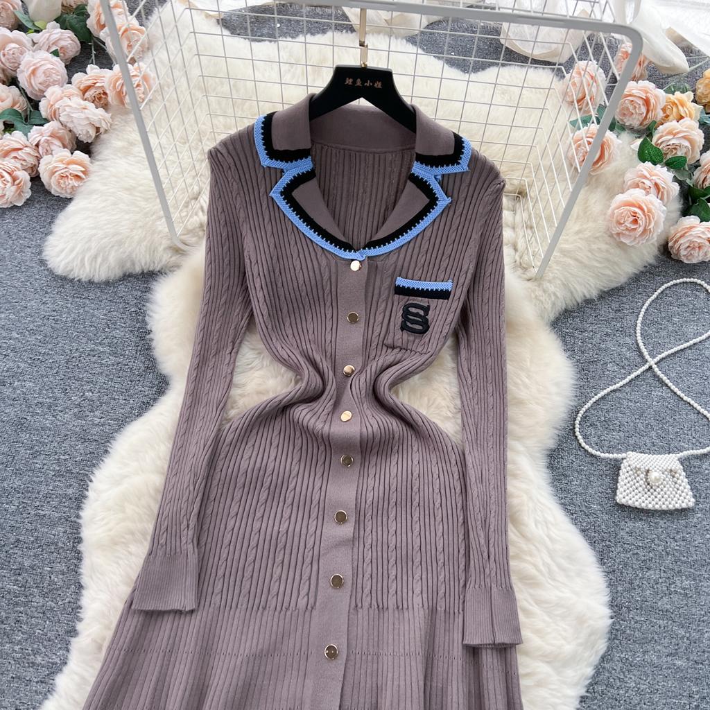 Autumn Winter Wear Embroidery Letter Knitted Sweater Dress Women Polo Single Breasted Designer Temperament Long Dresses
