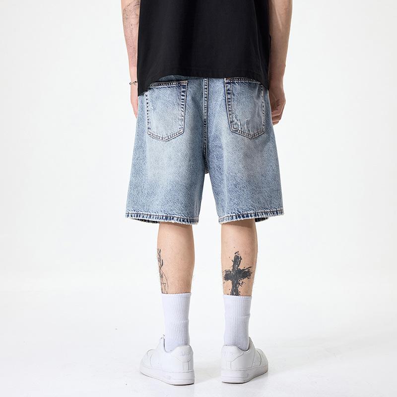 Ripped Denim Shorts Men's Trendy Brand Loose Large Size Straight Five-point Pants Casual Breeches