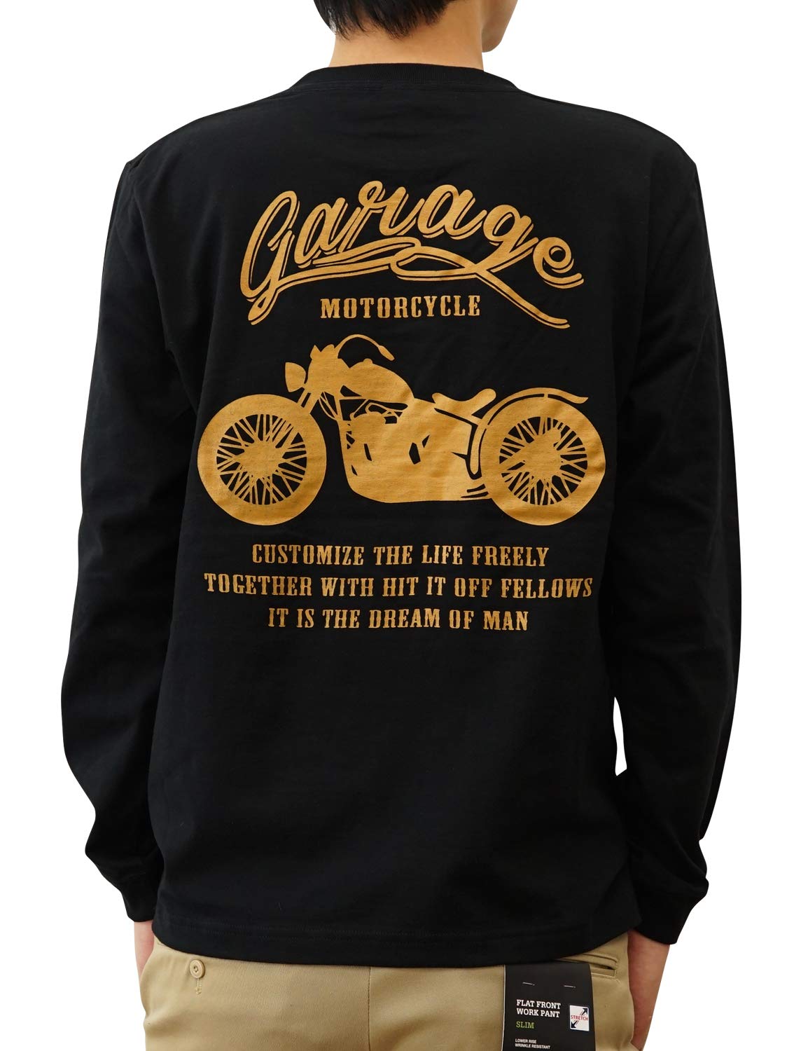 

Jeans Bug Long-Sleeved MOTORCYCLE T-Shirt with Original Biker Print, LRT-MOTOR, Size M, Black x Yamabuki (22), for Men and Women
