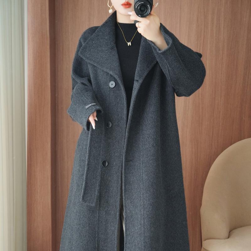 

Women s Extra Long Double-Sided Wool Trench Coat with Stand Collar and Tie, Knee-Length - Perfect for Workplace and Commute. M (120-150 jin)