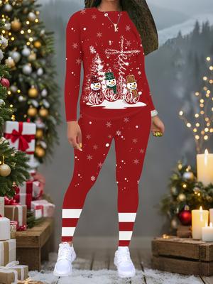 Women's Christmas Print 2-Piece Outfit: Long Sleeve Crew Neck Top & Pants, Holiday Limited Casual Party Gift Suit