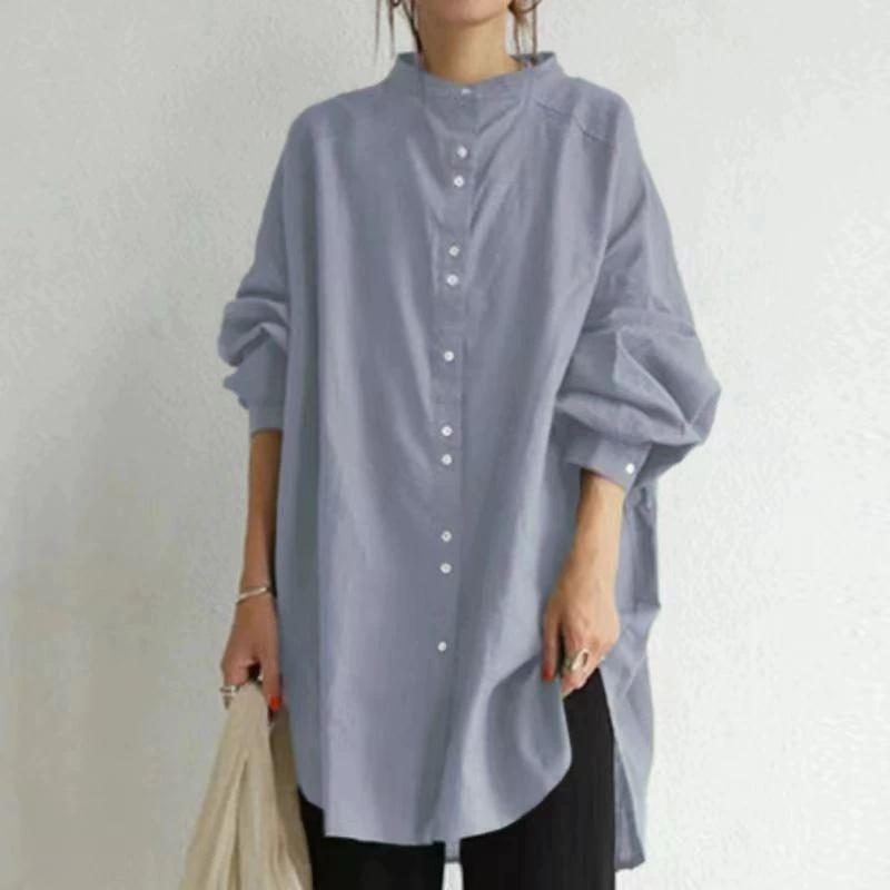Camisa de Manga Larga de un Solo Botón con Cuello Alto Retro para Otoño e Invierno, Camisa Básica Casual Suelta de Color Sólido de Algodón y Lino para Mujer