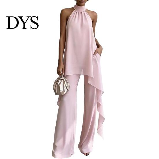 Comfortable Women Outfit Women's Chiffon 2 Piece Sets, Asymmetrical Halter Sleeveless Tops with Plus Size Casual Suit Wide Leg Pants Summer