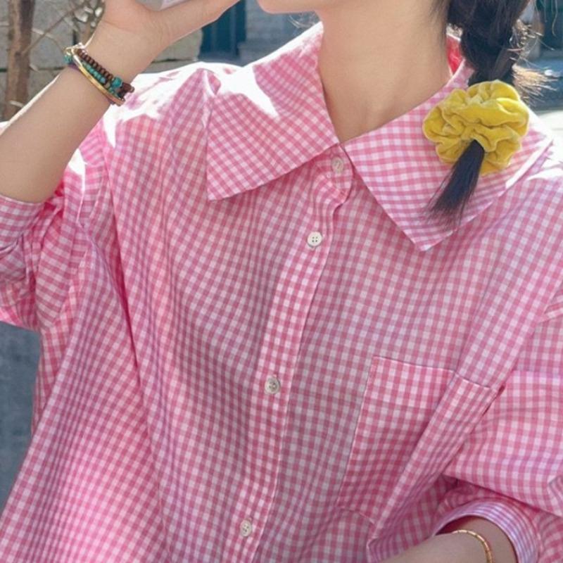 

Women s Checkered Shirt spring Flip Collar Single Breasted Ruffle Edge Ladies Shirts Japanese Style Loose Casual Famale long sleeved Top M