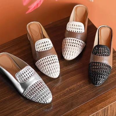 Summer New Retro Style Hollow Woven Versatile Medium Heel Bag Head Half Support Type Outer Wear Cool Slippers