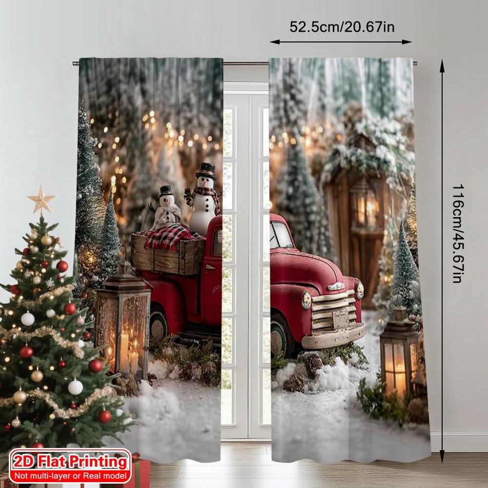 2pcs 2D Flat Printing Merry Christmas Curtain Country Red Truck Versatile 100% Polyester Without Electricity Festive Wall Decor