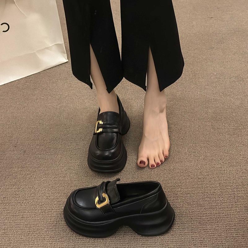 Black muffin thick-soled loafer small leather shoes for women's spring and autumn new retro height-increasing one-pedal single shoes