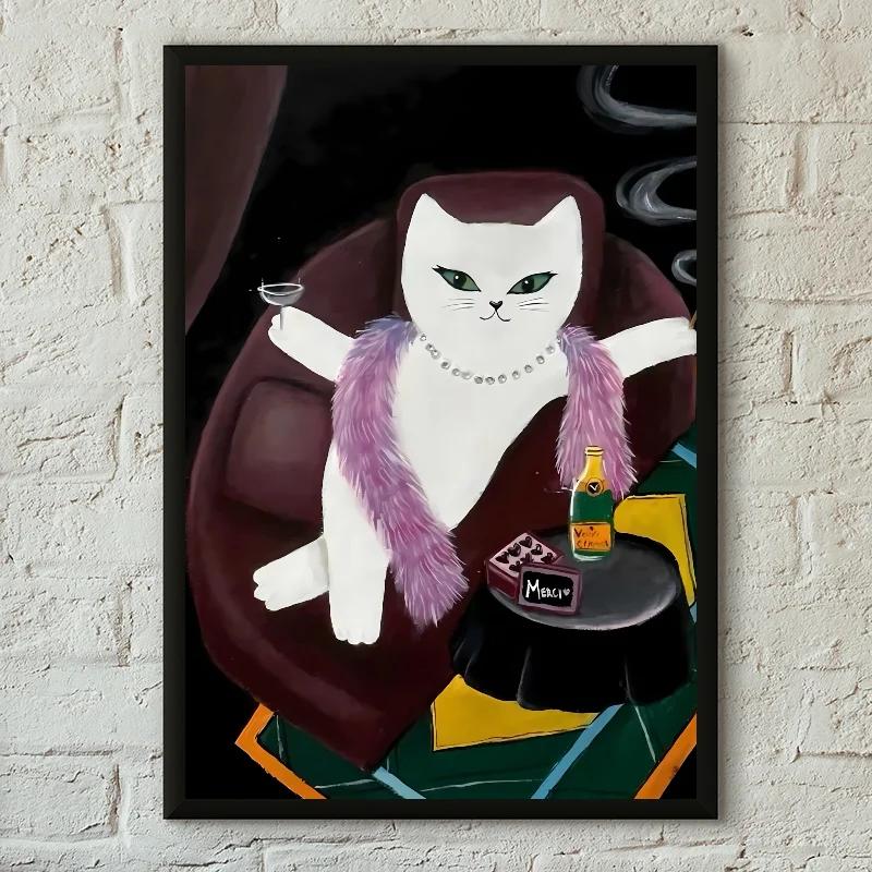 1PC Funny Black White Cats Red Wine Poster Poster Print Home Living Room Bedroom Entrance Bar Cafe Art Canvas Painting Decor