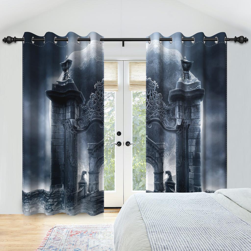 2pcs/set Horror Halloween Window Curtain Night Gate Skeleton Home Bedroom Living Room Decor Blackout Polyester Fabric Curtains