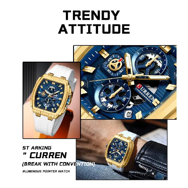 CURREN Luxury Vintage Watch for Men Sports Chronograph Quartz Wristwatches with Silicone Strap,Date,Luminous