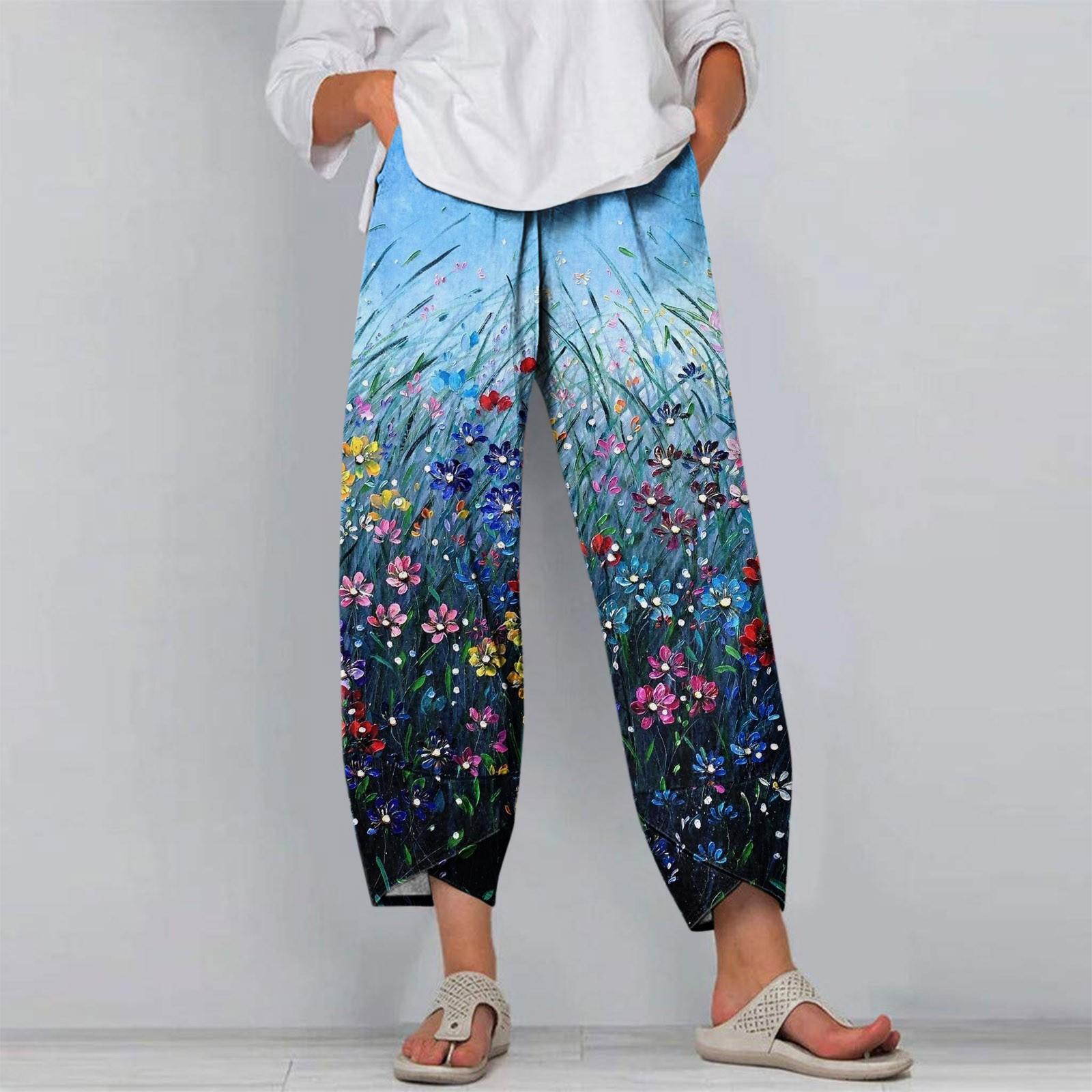 Women s Summer Fashion Printing Lightweight Pocket Casual Trousers Pants XXL синий