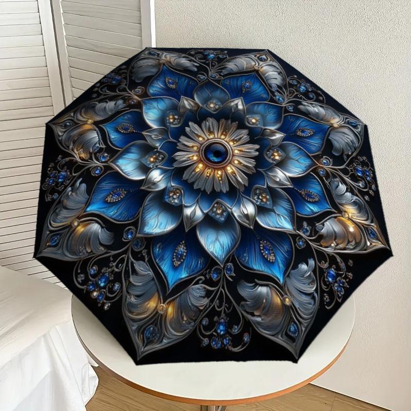 

1pc Blue Crystal Mandala Automatic Folding Umbrella - Compact 8-Rib Design,Perfect Gift for Friends & Family yy250926070