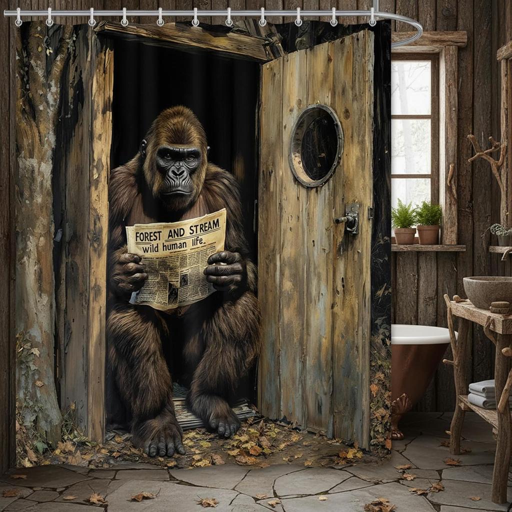 Funny Gorilla Printed Shower Curtain Fancy Humor Chimpanzee Reading Newspaper For Bathroom Decor