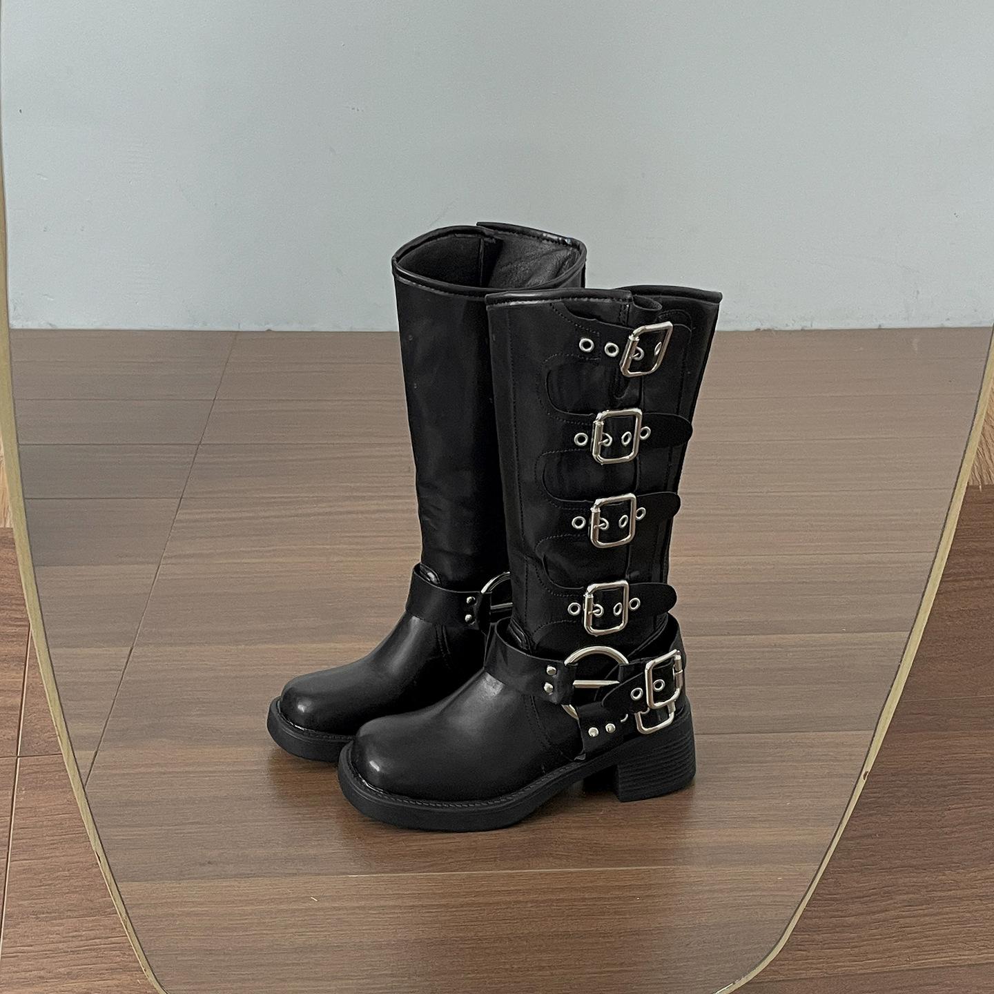 

Retro black British thick-heeled boots children s boots 2025 new autumn with skirt thin knight boots 35 чёрный