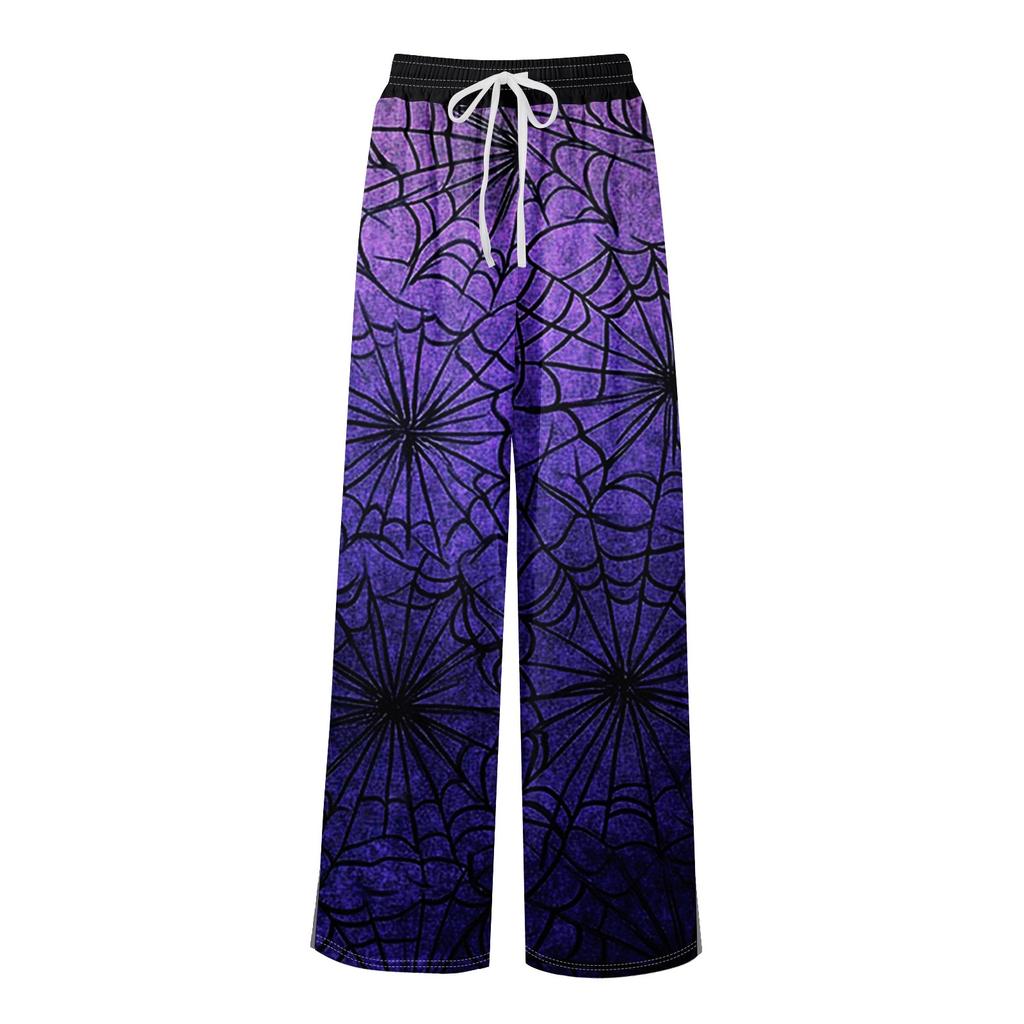 Women Summer Boho Palazzo Pants High Waist Wide Leg Halloween Printing Casual Trousers With Pockets