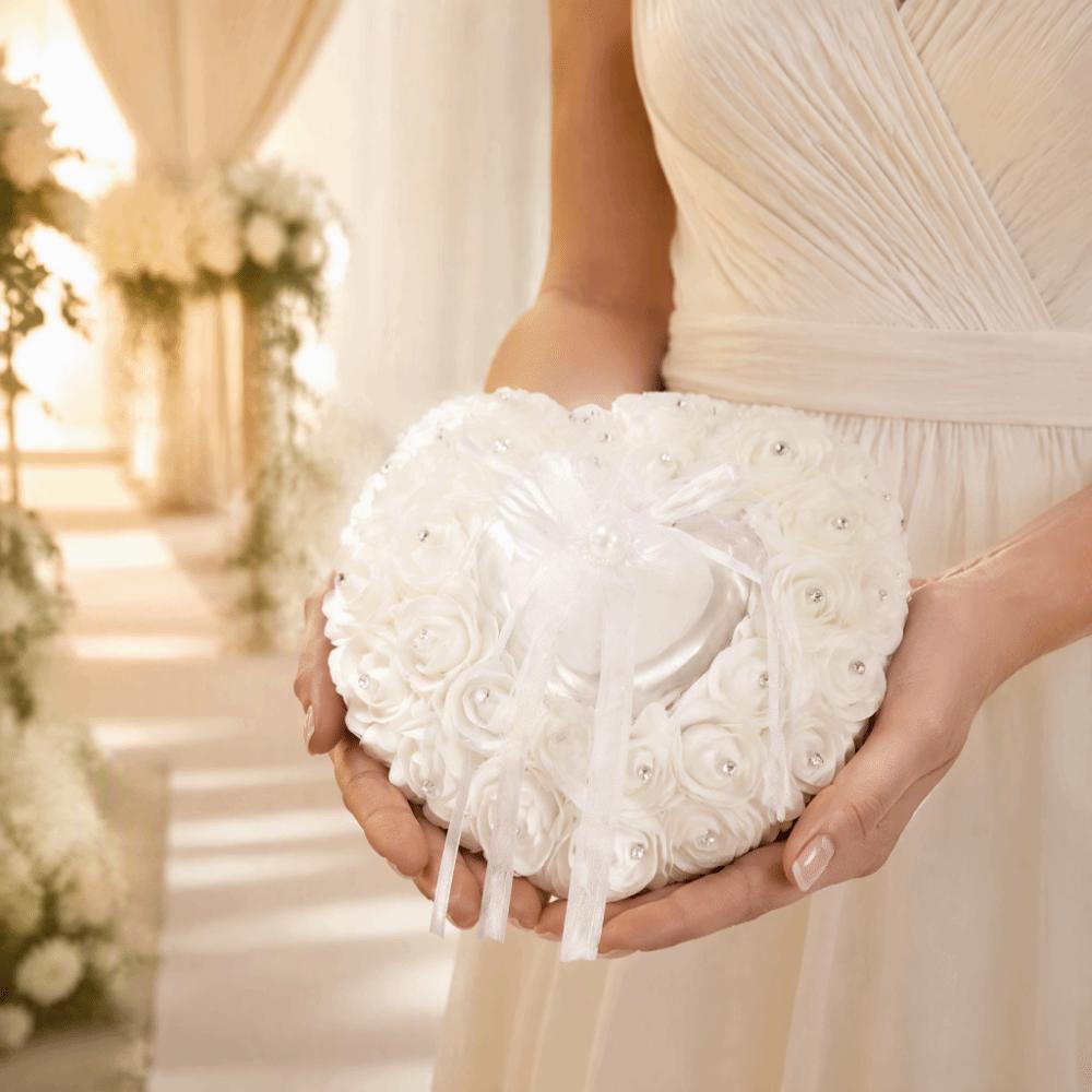 Rhinestone Decoration Ring Box Cushion Ribbon Pearl Bridal Ring Holder  Wedding Ceremony