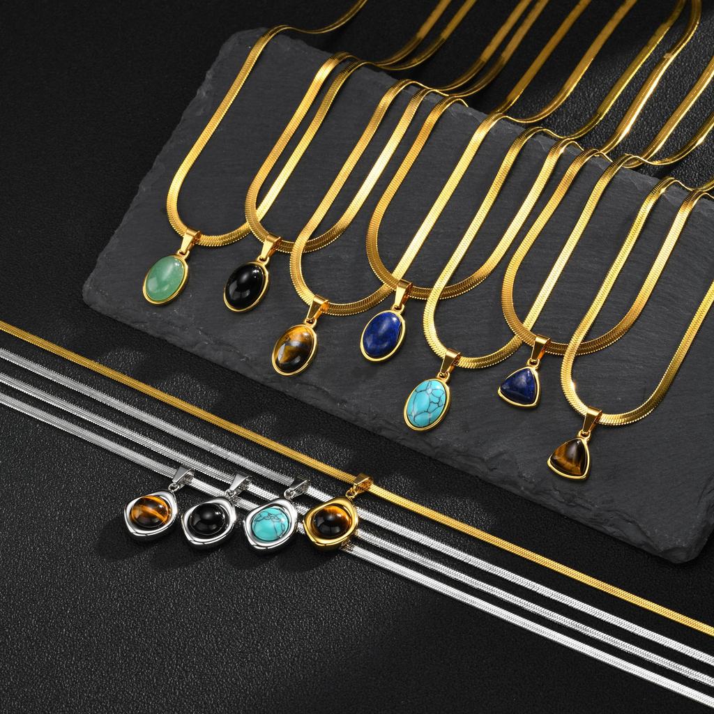 Vnox Natural Stone Pendant Necklace, Stainless Steel Blade Chain, Obsidian Tiger Eye Turquoise Lapis Stone Jewelry Gift for Men