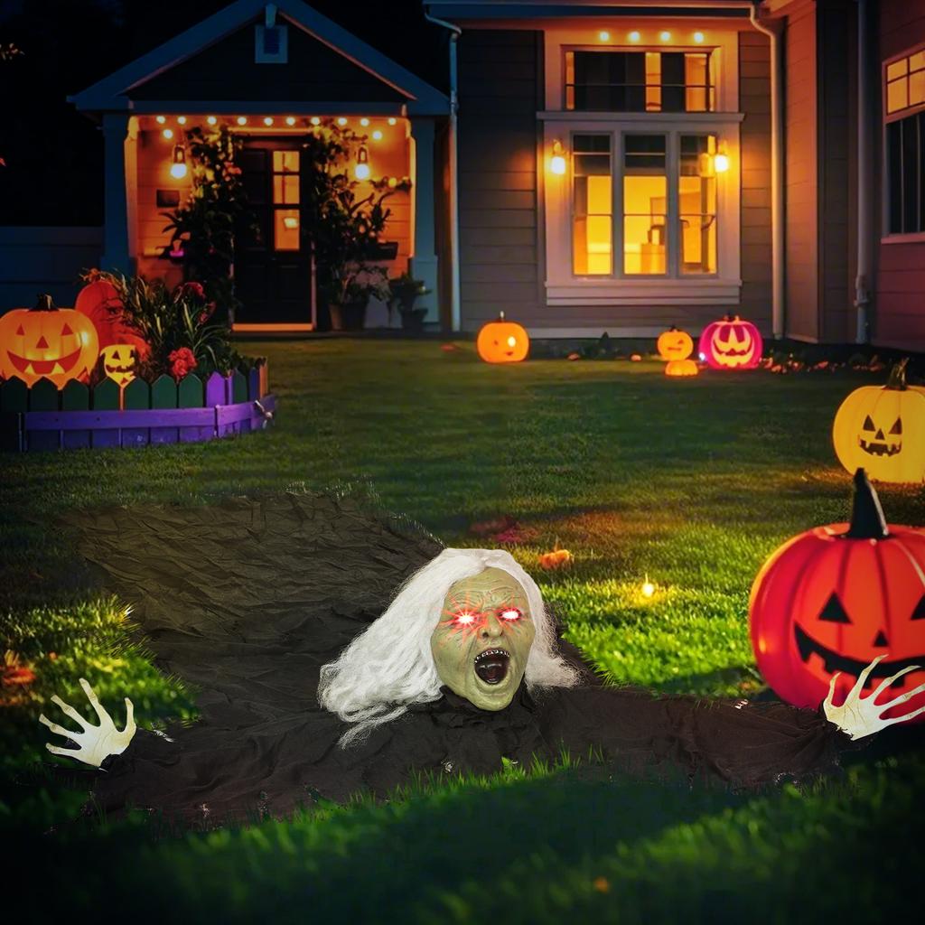 183cm Halloweenská dekorace Halloweenská zombie stará žena s LED světly, zvukovou funkcí, na párty