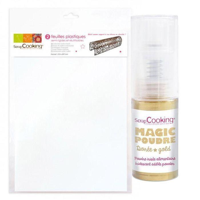 2 feuilles plastique semi-rigides à pâtisserie A4 + Poudre alimentaire irisée dorée