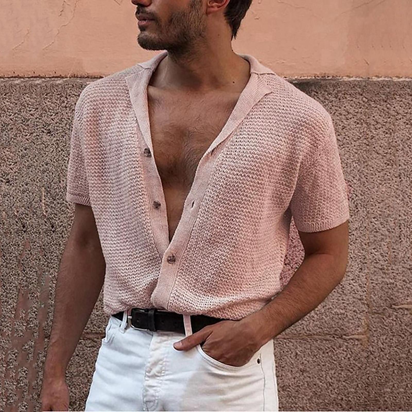 

Мужская летняя трикотажная рубашка с короткими рукавами и лацканами, тонкая модная дышащая мужская деловая рубашка M розовый