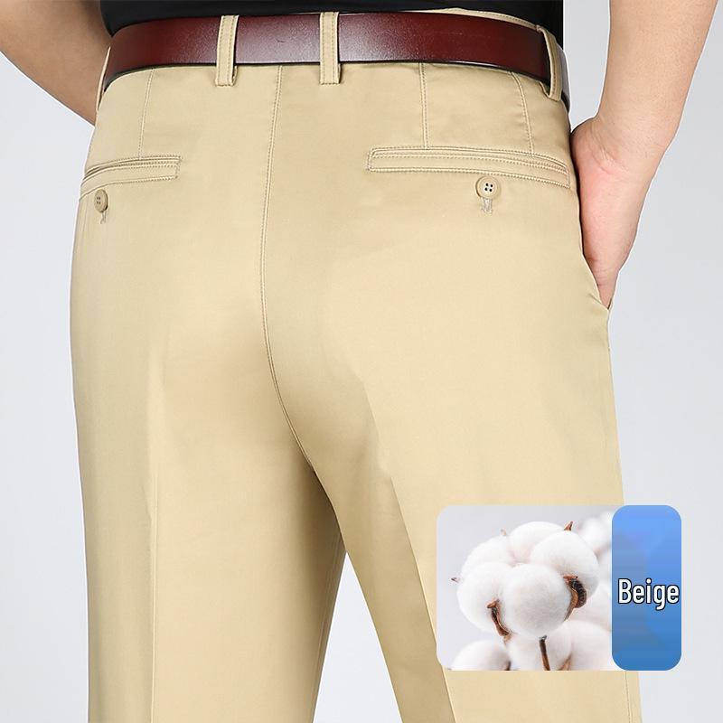 Men's High Waist Straight Leg Cotton Pants - Summer Casual, Solid Color, Middle-Aged, Loose Fit, Deep Crotch, Dad Trousers
