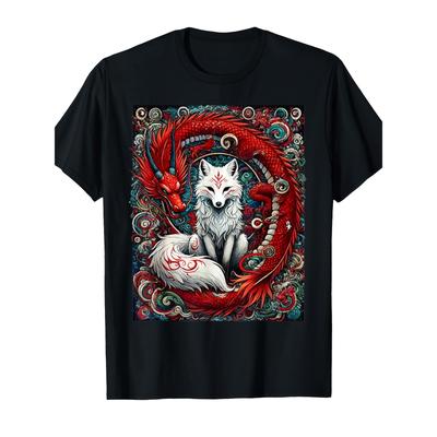 Japanese Mystical Kitsune Dragon Graphic Tee, Short Sleeve Cotton T-Shirt for Men Daily Wear