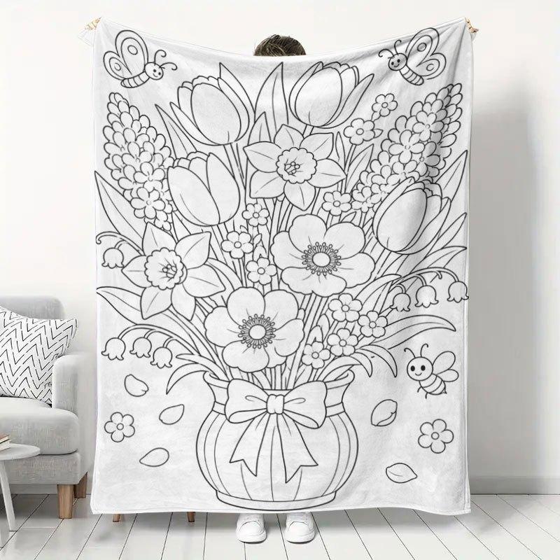 1pc All-Season Universal Floral Coloring Pattern Flannel Blanket, Doodle DIY Creative Coloring Blanket, Household Sofa Cover Blanket, Office Nap Blank