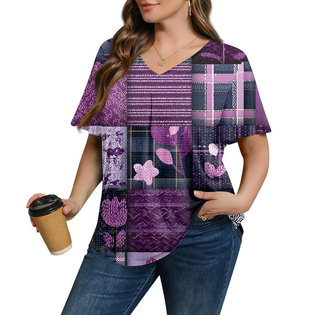 Women's Plus Size Fashionable Casual Loose-Fit Short Sleeve Elegant V Neck Blouse For Work