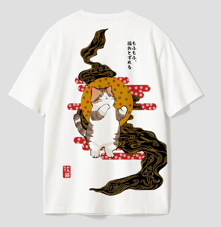 

Japanese Style Lucky Cat Shortsleeved Printed Tshirt Top Unisex Kawaii Neko Ukiyoe Casual Streetwear for Daily Wear Hangout S