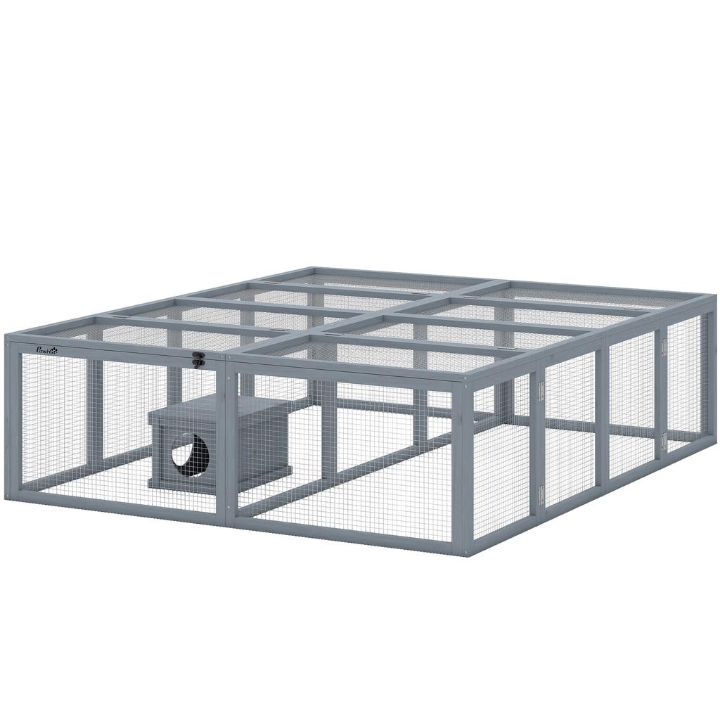 Wooden Rabbit Hutch with 2 Doors, Shelter for 2-4 Dwarf Rabbits, 180.4 X 150 X 48 Cm, Grey
