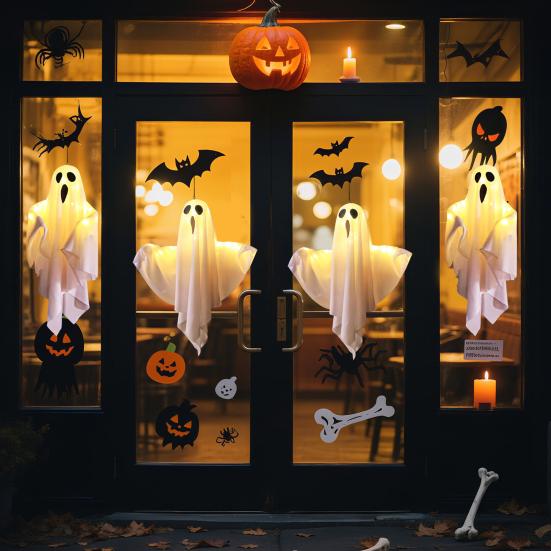 3 ks Halloweenských závěsných duchů 19,6" LED svítících venkovních létajících bílých duchů pro dekoraci předzahrádky, terasy, trávníku, zahrady, párty