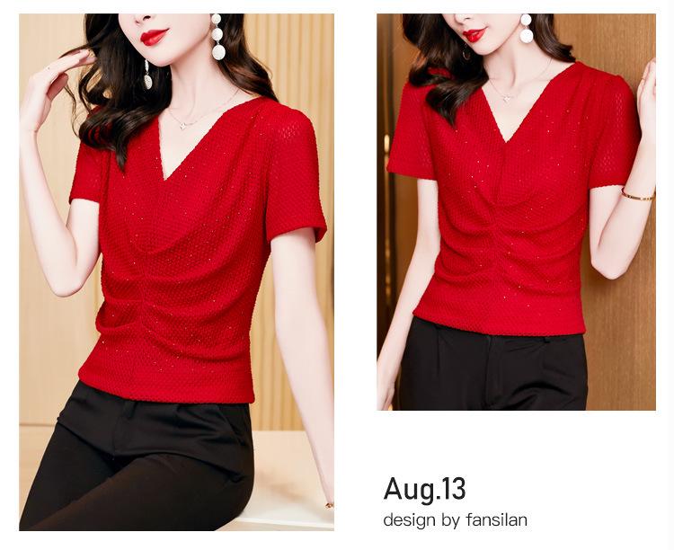 Trendy 2023 V-Neck Slim-Fit Pleated Summer T-Shirt