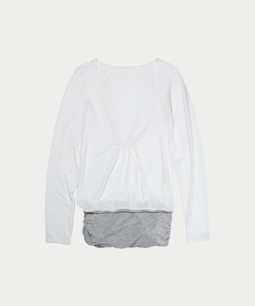 Ieoning Layered Loose Shirring U-Neck Top, White_Grey