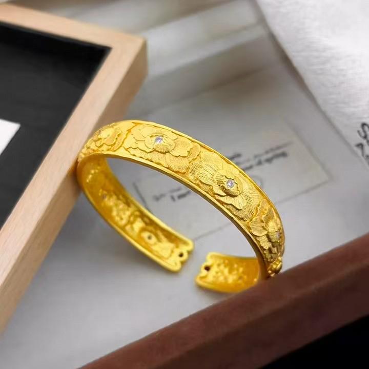 Gold Engraved Peony Flower Open Bangle Bracelet - National Style Copper Jewelry