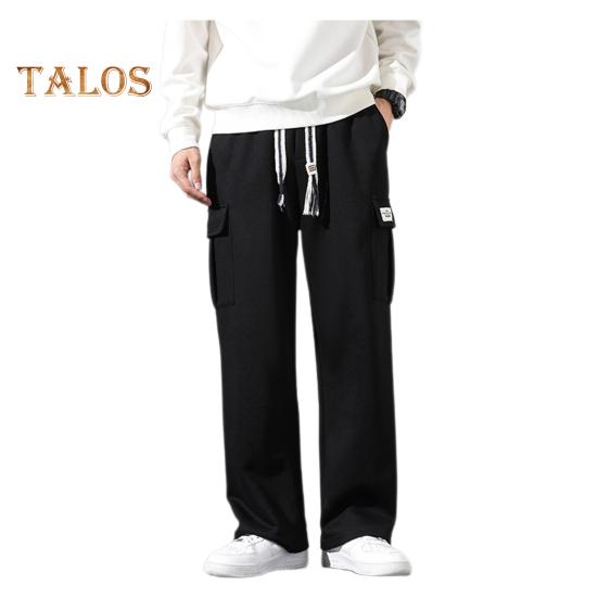 

Осенне-весенние мужские брюки с эластичной талией на шнурке, однотонные, с несколькими карманами, свободные, большого размера, прямые, широкие спортивные брюки, повседневная одежда, повседневные спортивные брюки XXL чёрный