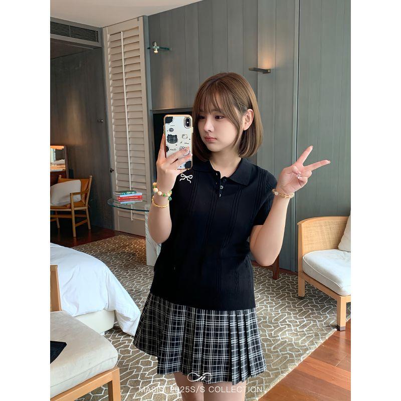 

Maxi Plus Size Women s Clothing Bows Lapel Short Sleeve Polo Shirt Summer Slightly Oversized Girls Shoulder Figure Flattering T-shirt Top Black (First Batch) XL